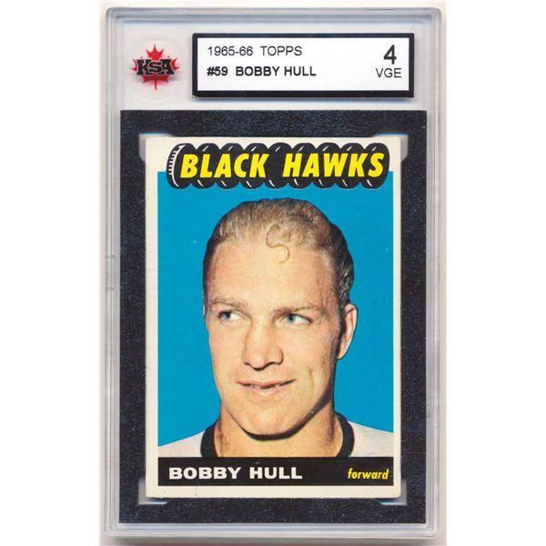 Topps card of Bobby Hull of the Chicago Blackhawks (1965-66) Card #59 graded by KSA 4 VGE.