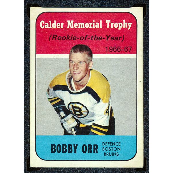 Bruins Bobby Orr #4, (1967-68) Card #118, printed by Topps graded KSA: VGE-4.