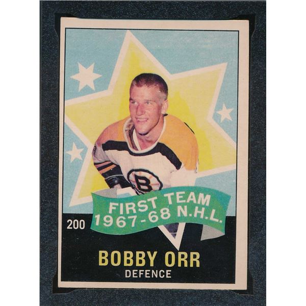 Bruins Bobby Orr #4, (1968-69) Card #200, printed by O-Pee-Chee graded KSA: EX-5.