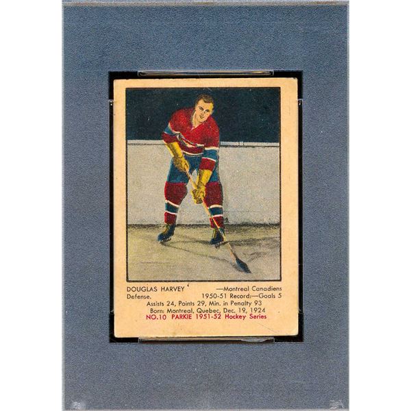 Canadiens Doug Harvey #2, Rookie Card (1951-52) Card #10, printed by Parkhurst PSA: Good-2.