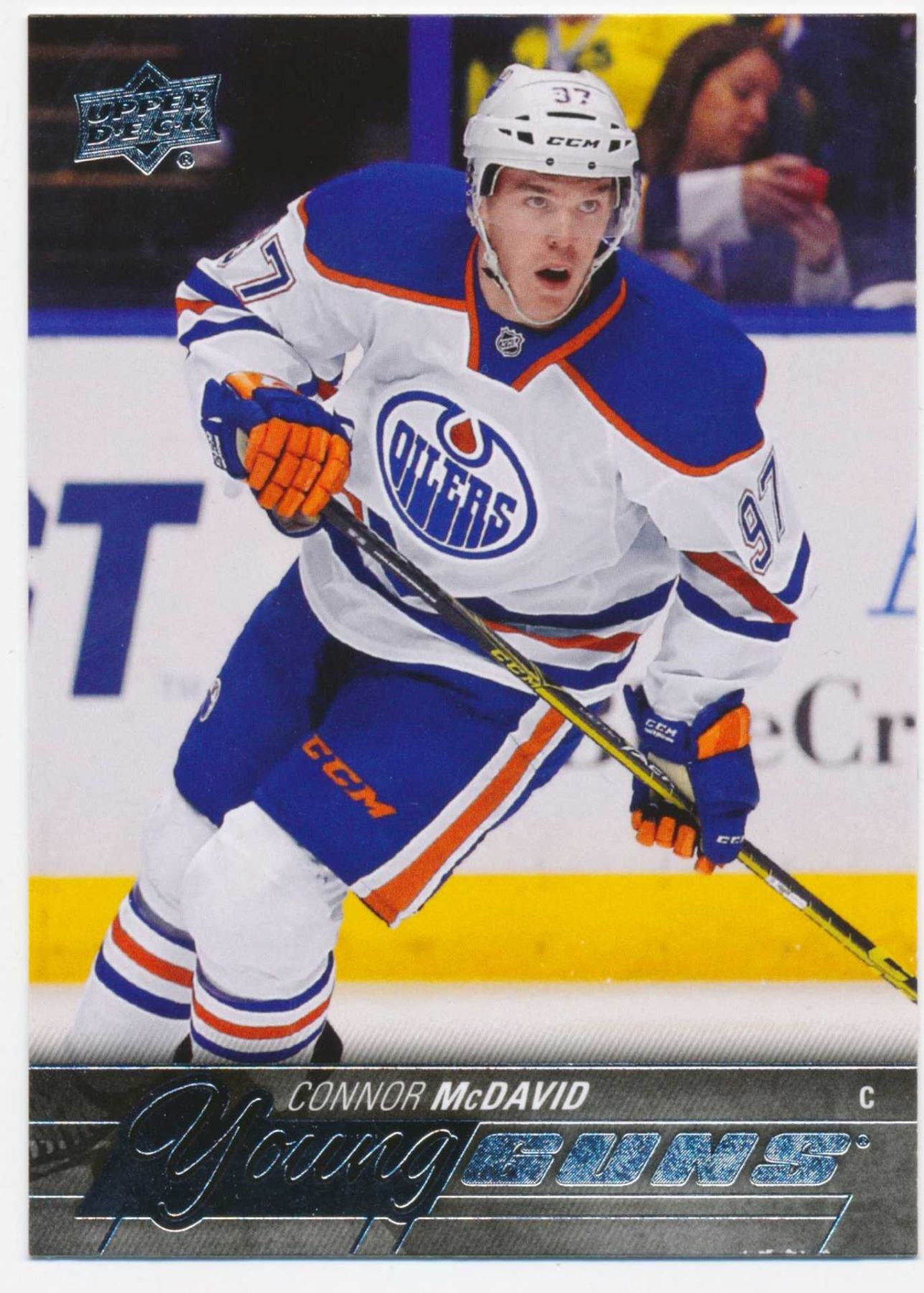 Upper Deck card of Connor McDavid #97 (2015-16) rookie YG card #201.