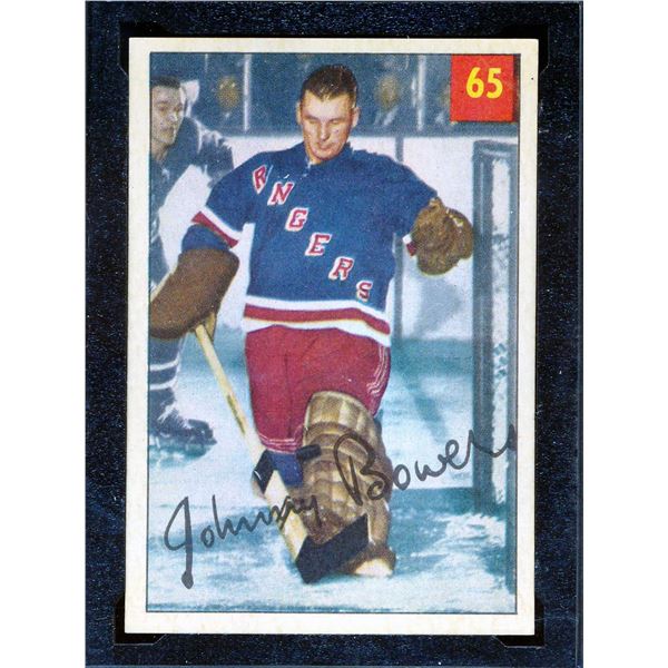 New-York Rangers Johnny Bower #1 (1954-55) Rookie Card # 65 printed by Parkhurst KSA: VGE-4.