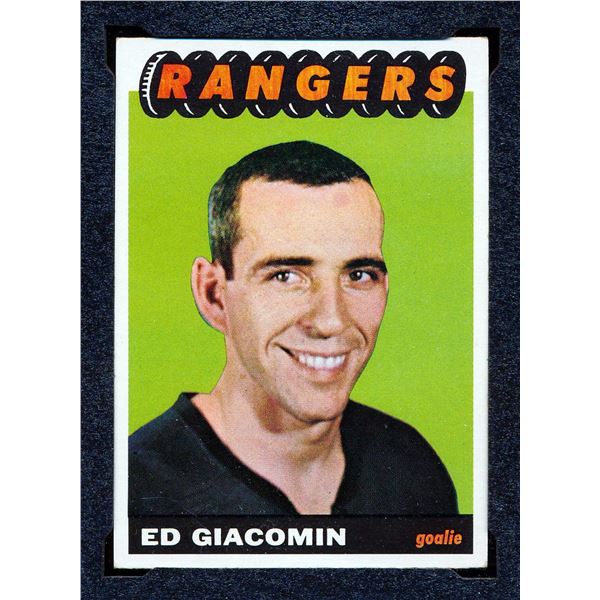 New York Rangers Ed Giacomin #1 (1965-66) Rookie Card # 21 printed by Topps KSA: ENM-6.