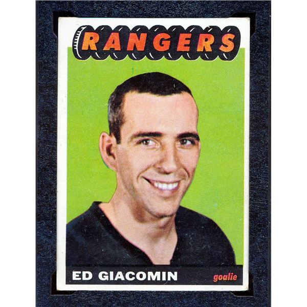 New York Rangers Ed Giacomin #1 (1965-66) Rookie Card # 21 printed by Topps KSA: EX-5.