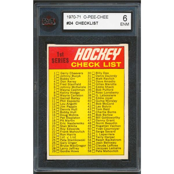 O-Pee-Chee checklist of players from (1970-71) KSA graded: 6 ENM.