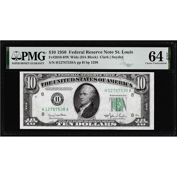 1950 $10 Federal Reserve Note St. Louis Fr.2010-HW PMG Choice Uncirculated 64EPQ