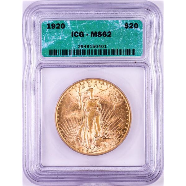 1920 $20 St. Gaudens Double Eagle Gold Coin ICG MS62