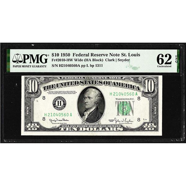 1950 $10 Federal Reserve Note St. Louis Fr.2010-HW Wide PMG Uncirculated 62EPQ