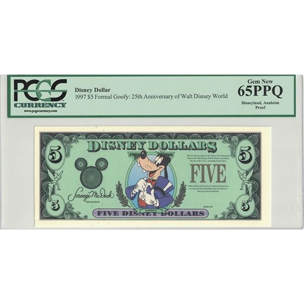 1997 $5 Formal Goofy  Proof Disney Dollar PCGS 65PPQ