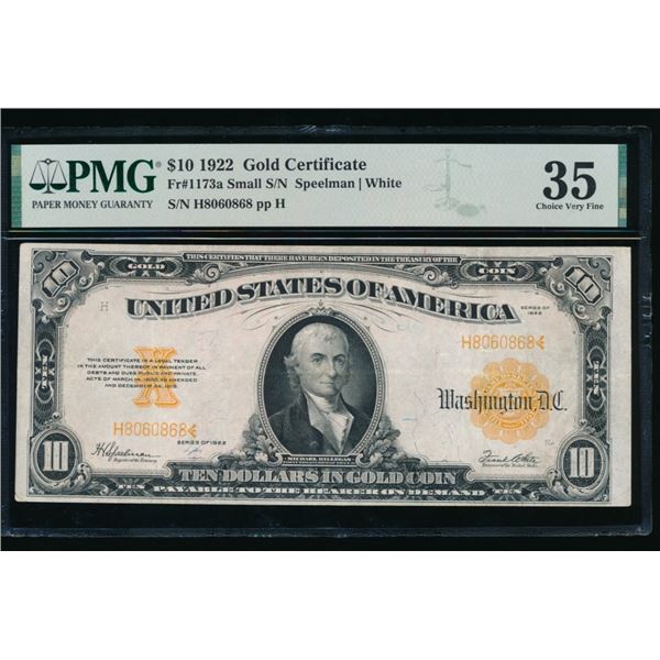 1922 $10 Gold Certificate PMG 35