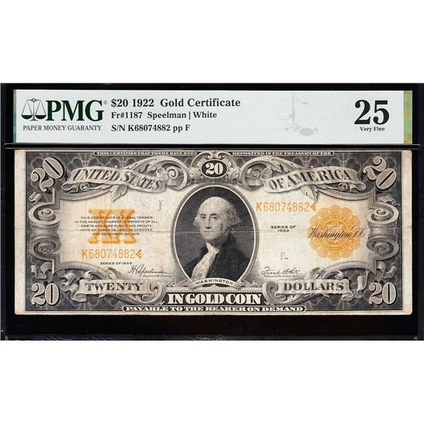 1922 $20 Gold Certificate PMG 25
