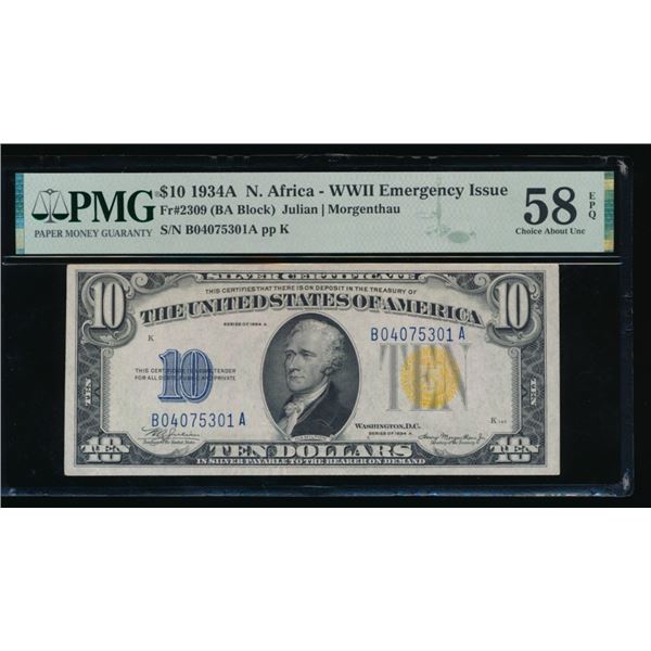 1934A $10 N Africa Silver Certificate PMG 58EPQ