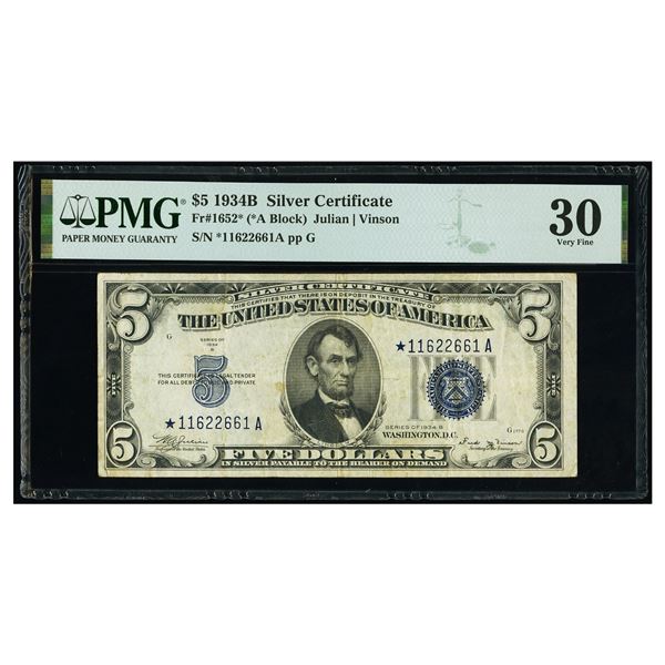 1934B $5 STAR Silver Certificate PMG 30