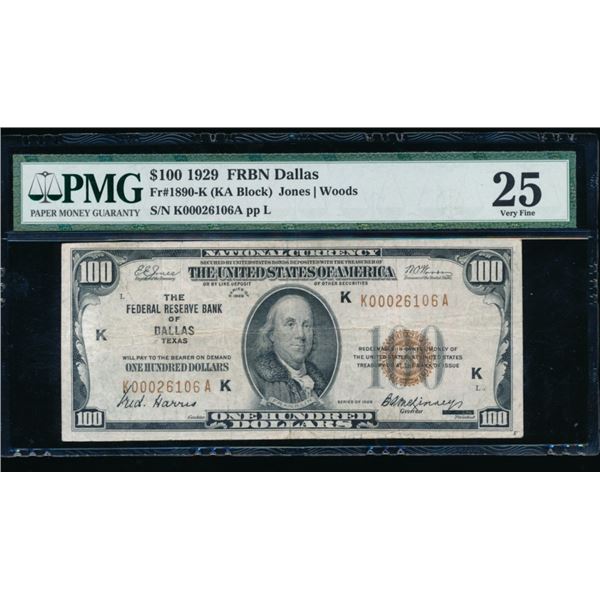1929 $100 Dallas FRBN PMG 25