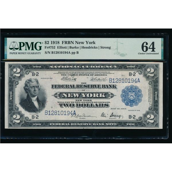 1918 $2 New York FRBN PMG 64