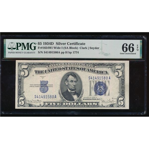 1934D $5 Silver Certificate PMG 66EPQ