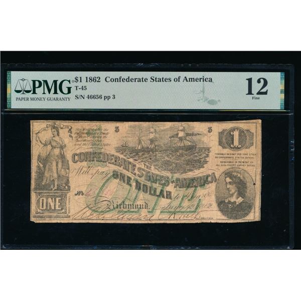 1862 $1 T-45 Confederate PMG 12
