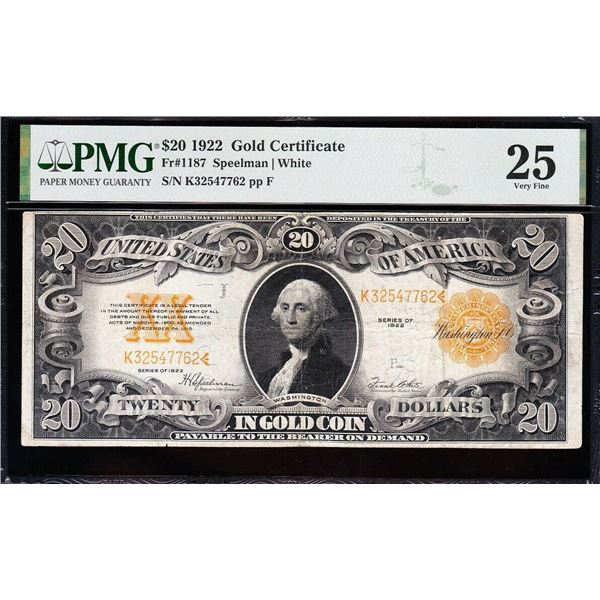 1922 $20 Gold Certificate PMG 25