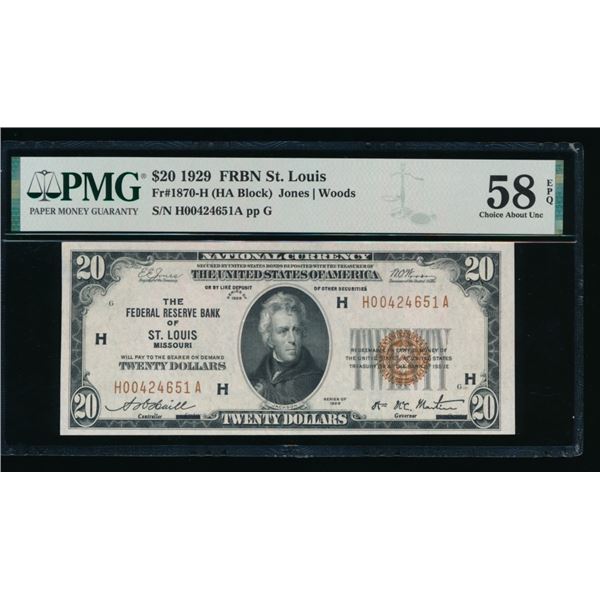 1929 $20 St Louis FRBN PMG 58EPQ