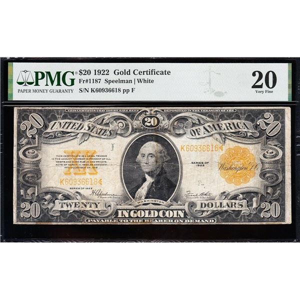 1922 $20 Gold Certificate PMG 20