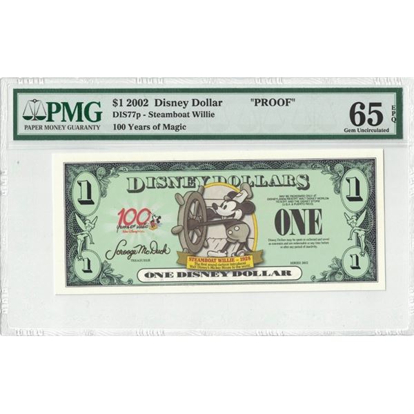 2002 $1 Steamboat Willie Proof Disney Dollar PMG 65EPQ