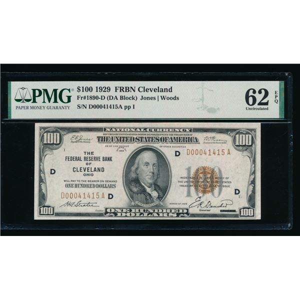 1929 $100 Cleveland FRBN PMG 62EPQ
