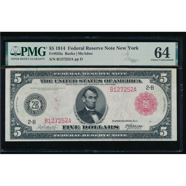1914 $5 Red Seal New York FRN PMG 64