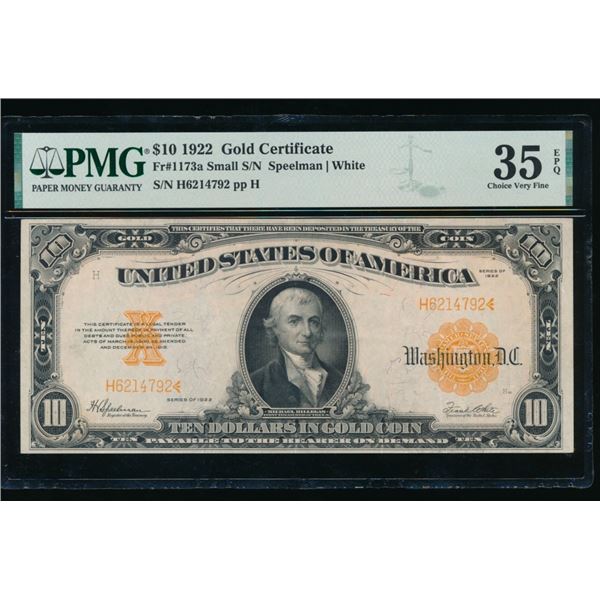 1922 $10 Gold Certificate PMG 35EPQ