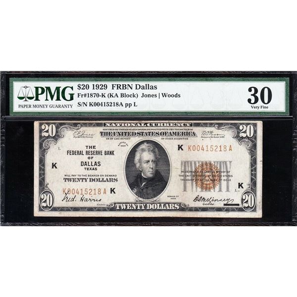 1929 $20 Dallas FRBN PMG 30