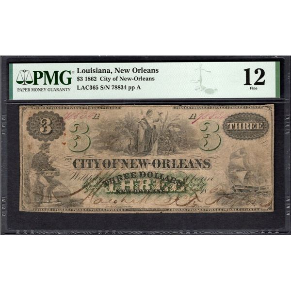 1862 $3 New Orleans LA Obsolete Note PMG 12