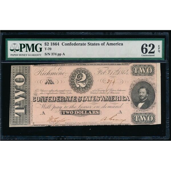 1864 $2 T-70 Confederate PMG 62EPQ