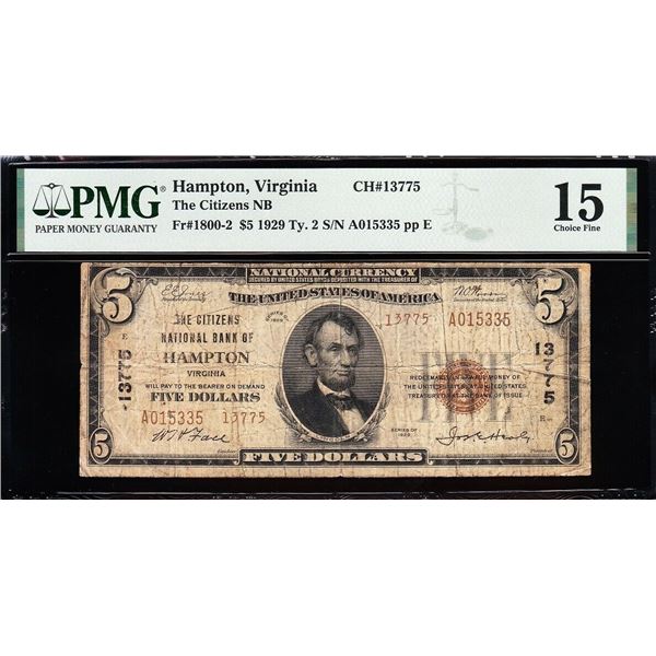 1929 $5 Hampton VA National PMG 15