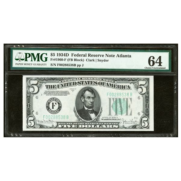 1934D $5 Atlanta FRN PMG 64