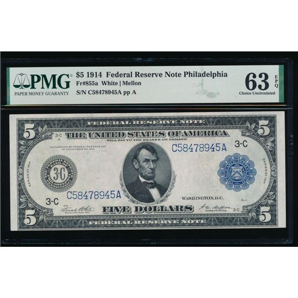 1914 $5 Philadelphia FRN PMG 63EPQ