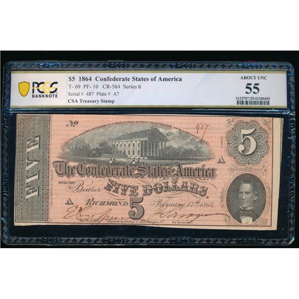 1864 $5 T-69 Confederate PCGS 55