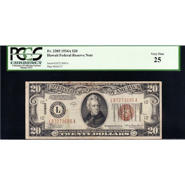 1934A $20 Hawaii FRN PMG 25
