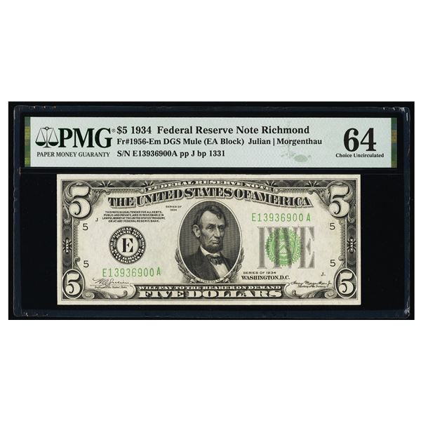 1934 $5 Richmond Mule FRN PMG 64