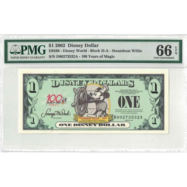 2002 $1 Steamboat Willie Disney Dollar PMG 66EPQ