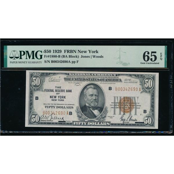 1929 $50 New York FRBN PMG 65EPQ