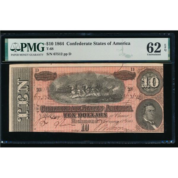 1864 $10 T-68 Confederate PMG 62EPQ