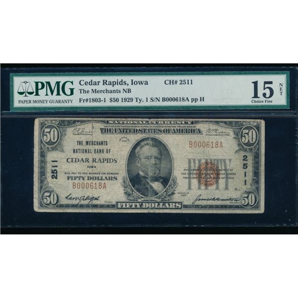1929 $50 Cedar Rapids IA National PMG 15NET