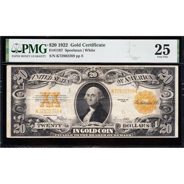 1922 $20 Gold Certificate PMG 25