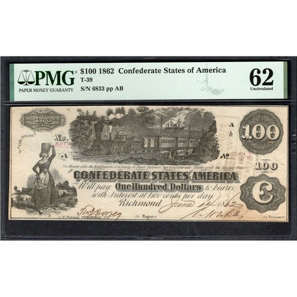 1862 $100 T-39 Confederate PMG 62