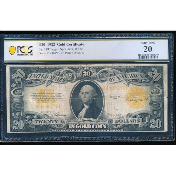 1922 $10 Gold Certificate PCGS 20