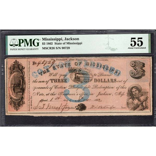 1862 $3 Jackson MS Obsolete Note PMG 55