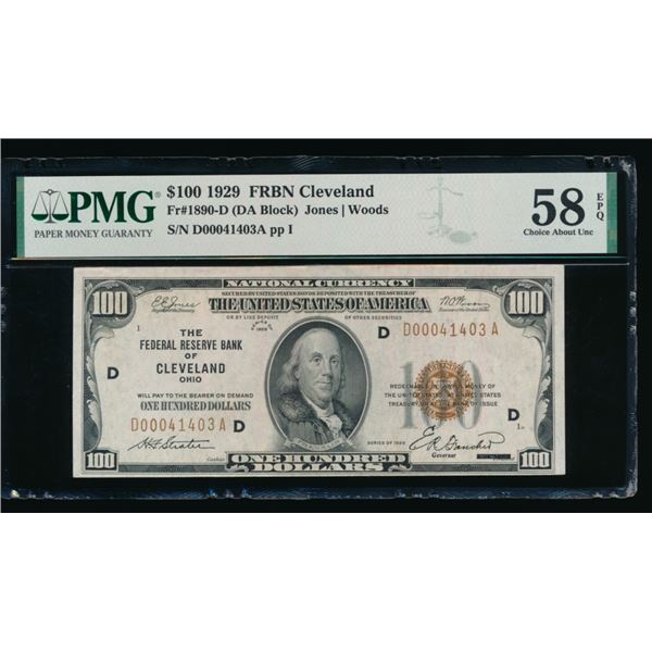 1929 $100 Cleveland FRBN PMG 58EPQ