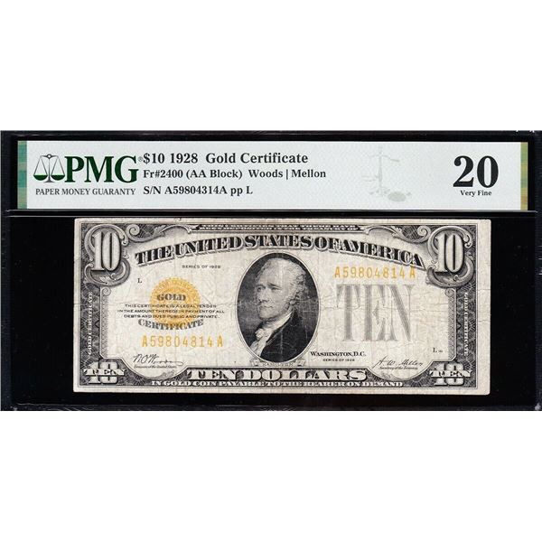 1928 $10 Gold Certificate PMG 20