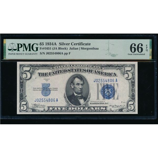 1934A $5 Silver Certificate PMG 66EPQ