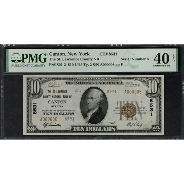 1929 $10 Serial 6 Canton NY National PMG 40EPQ