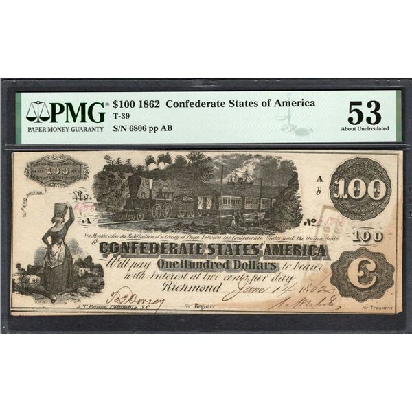 1862 $100 T-39 Confederate PMG 53